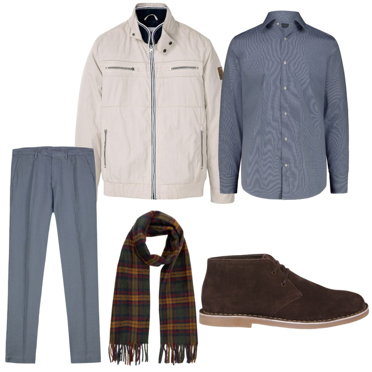 Outfit uomo - Fine settembre. Stile Casual per Ufficio. Abbinamento con giacche, pantaloni, stivali e stivaletti, sciarpe, camicie.