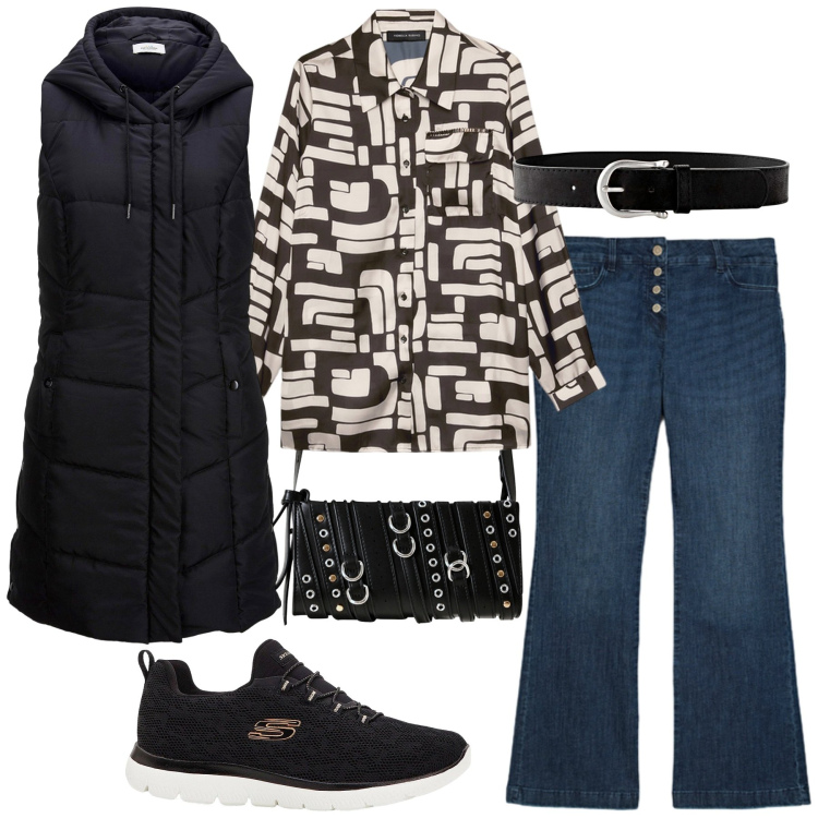 Outfit donna - Total look #2255106. Stile Trendy per Ufficio. Abbinamento con cinture, sneakers, gilet, borse a spalla, jeans, camicie.