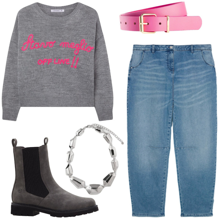 Outfit donna - Fuxia Offline. Stile Casual per Ufficio. Abbinamento con stivaletti chelsea, cinture, maglieria, jeans, ciondoli.