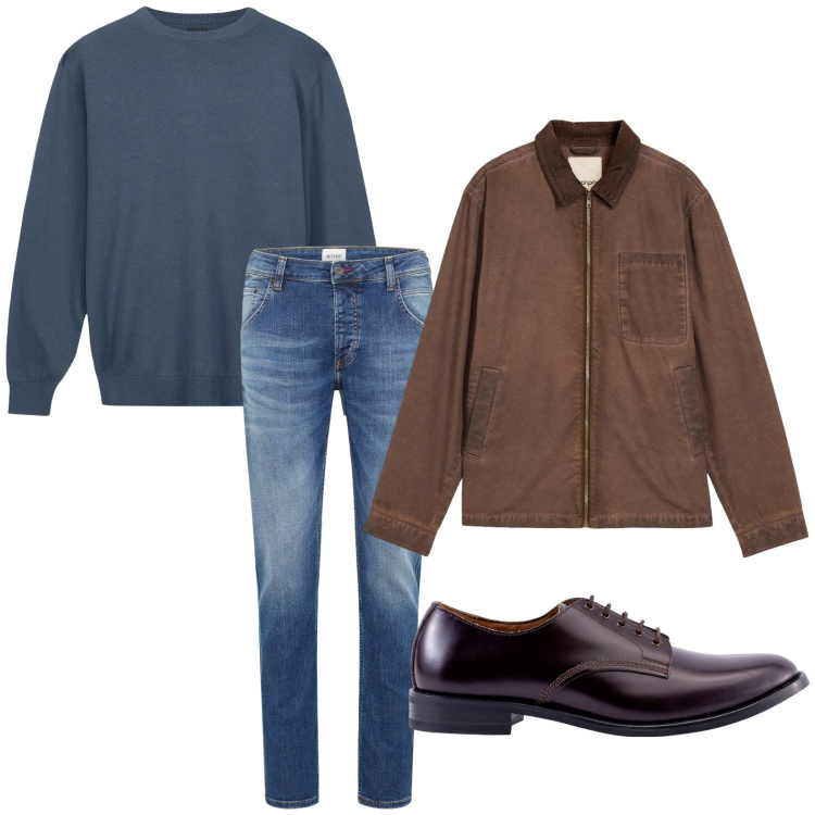 Outfit uomo - Il pull blu. Stile Casual per Tutti i giorni. Abbinamento con jeans dritti, giacche, maglieria, scarpe stringate.