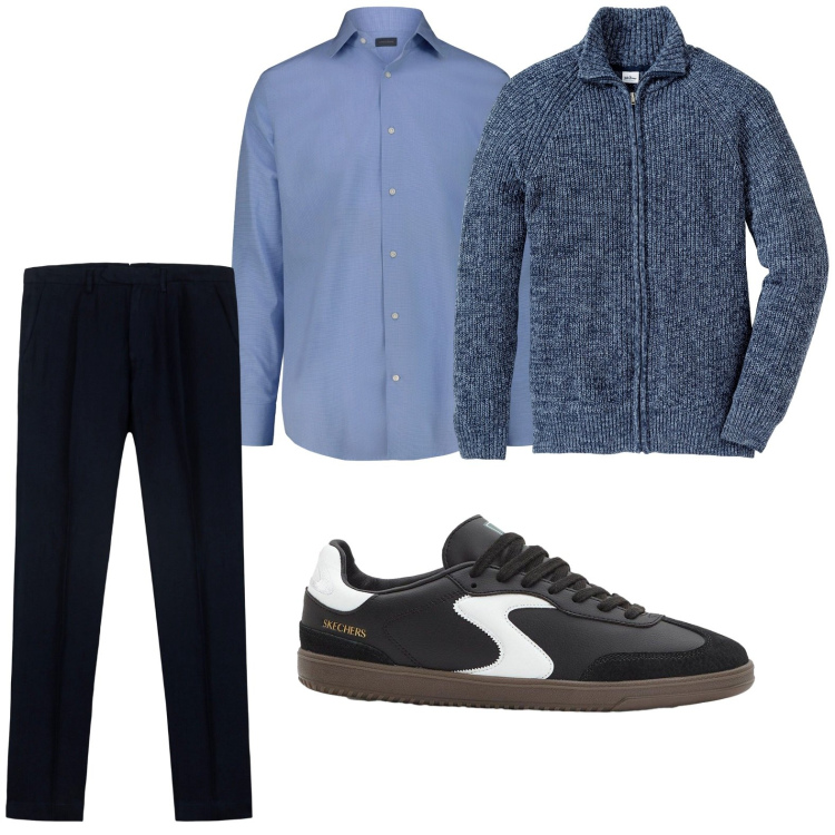 Outfit uomo - Total blu. Stile Casual per Tutti i giorni. Abbinamento con cardigans, sneakers, pantaloni, camicie.