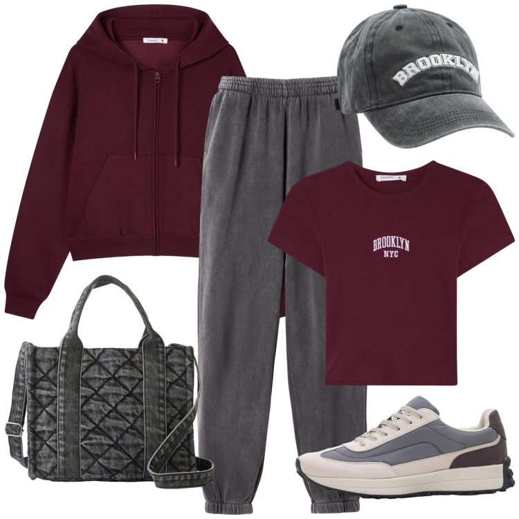 Outfit donna - Tempo libero. Stile Casual per Tutti i giorni. Abbinamento con sneakers, borse a mano, pantaloni, felpe con cappuccio, t-shirt, cappelli.