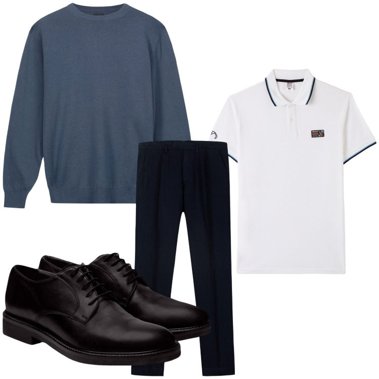 Outfit uomo - Sporty chic. Stile Trendy per Tutti i giorni. Abbinamento con polo, scarpe stringate, maglieria, pantaloni.