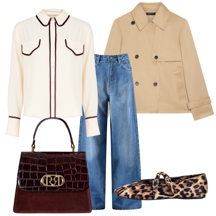 Outfit donna - Bon ton in città. Stile Bon Ton per Tutti i giorni. Abbinamento con ballerine, camicie, jeans, borse a mano, trench.