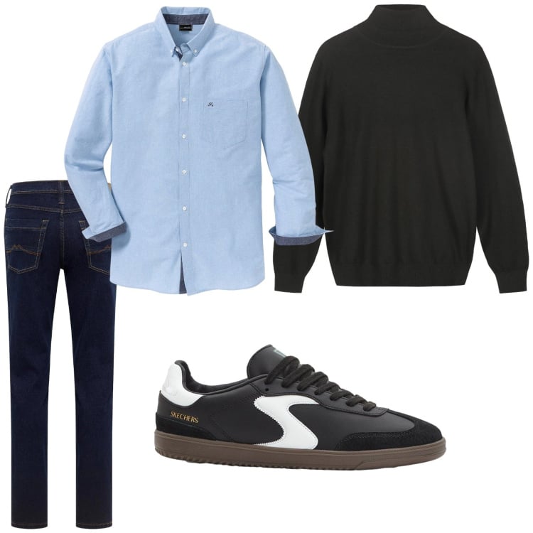 Outfit uomo - Casual. Stile Casual per Serata speciale. Abbinamento con camicie, sneakers, jeans dritti, maglieria.