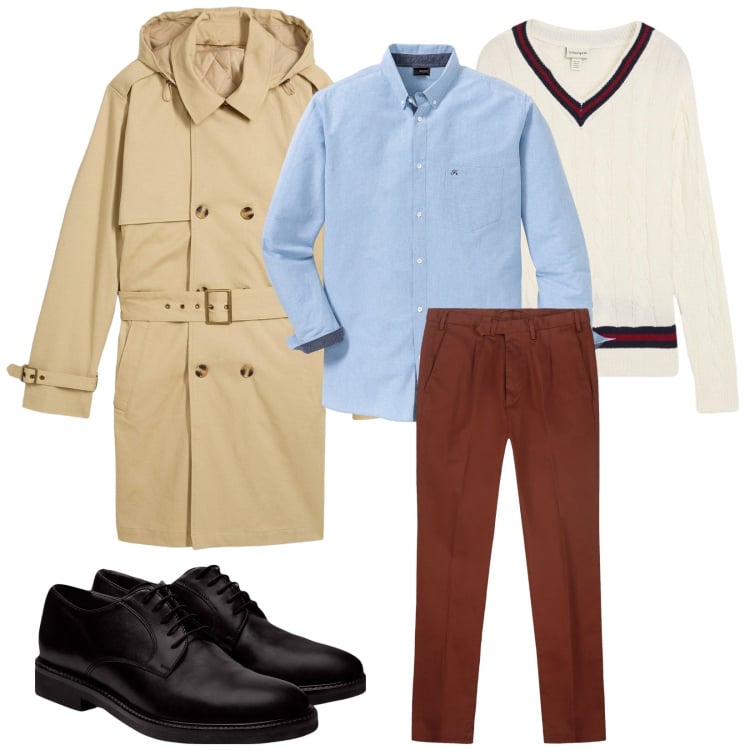 Outfit uomo - Total look #2255146. Stile Business/Elegante per Serata speciale. Abbinamento con camicie, trench, maglieria, scarpe stringate, pantaloni.