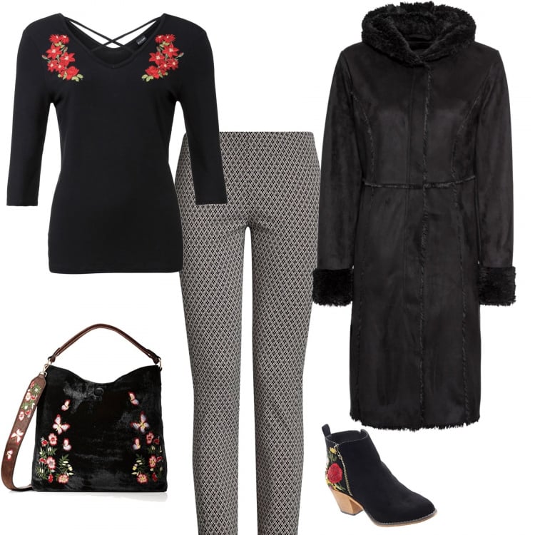 Outfit donna - Una domenica di gennaio. Stile Trendy per Tutti i giorni. Abbinamento con stivaletti, cappotto montone, maglia con scollo nero, pantalone elasticizzato grigio, borsa a spalla in velluto navy.