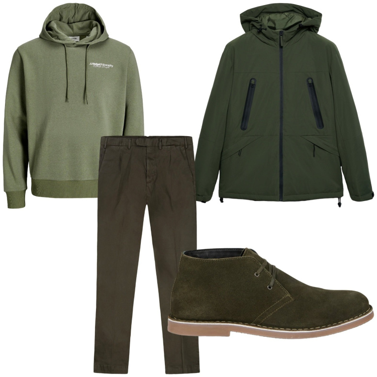 Outfit uomo - Verde tutto il giorno. Stile Casual per Tutti i giorni. Abbinamento con felpe con cappuccio, giacche, stivali e stivaletti, pantaloni.
