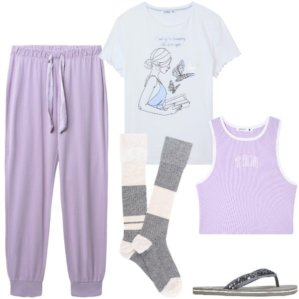 Outfit donna - DOlci notti. Stile Basic per Tutti i giorni. Abbinamento con infradito, canottiere, pigiama, pigiama, calzini.