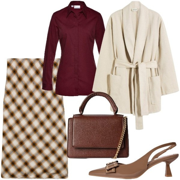 Outfit donna - Ufficio ottobre. Stile Bon Ton per Ufficio. Abbinamento con camicie, blazer, gonne longuette, borse a tracolla, décolleté.