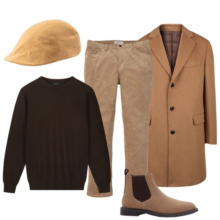 Outfit uomo - In città. Stile Trendy per Tutti i giorni. Abbinamento con pantaloni, stivali e stivaletti, cappotti, cappelli con visiera, maglieria.
