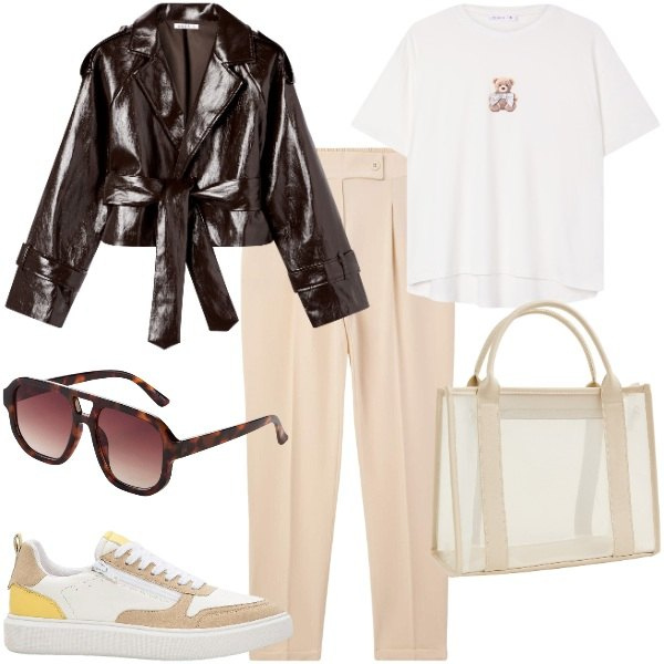 Outfit donna - Il giubbino aggressive. Stile Rock per Tutti i giorni. Abbinamento con occhiali da sole, sneakers, t-shirt, borse tote, pantaloni chino, giacche.