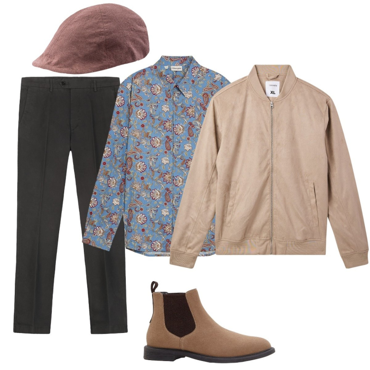Outfit uomo - Serio ma… con la camicia afiori. Stile Casual per Tutti i giorni. Abbinamento con camicie, stivali e stivaletti, bomber, cappelli con visiera, pantaloni chino.