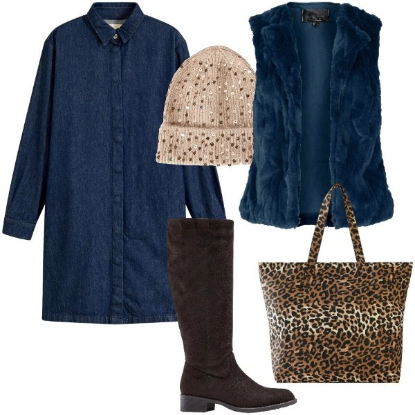 Outfit donna - Denim e marrone. Stile Urban per Tutti i giorni. Abbinamento con vestiti, gilet, shopping bag, stivali, berretti.