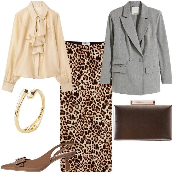 Outfit donna - Cena di lavoro. Stile Chic per Ufficio. Abbinamento con braccialetti, blazer, gonne longuette, camicie, décolleté, clutch.