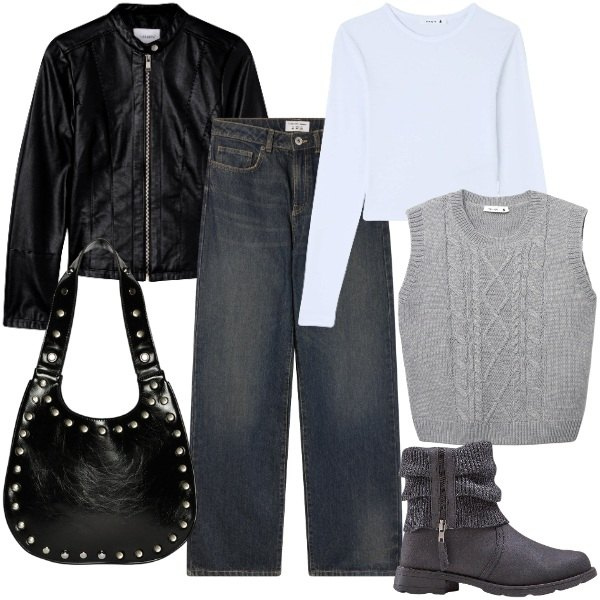Outfit donna - Borsa con borchie must have d\'autunno. Stile Urban per Tutti i giorni. Abbinamento con stivaletti, giacche, jeans dritti, t-shirt, maglieria, borse a spalla.