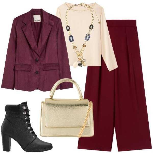 Outfit donna - Completo burgundi. Stile Trendy per Ufficio. Abbinamento con blazer, stivaletti, pantaloni, bluse, borse a tracolla, collane.