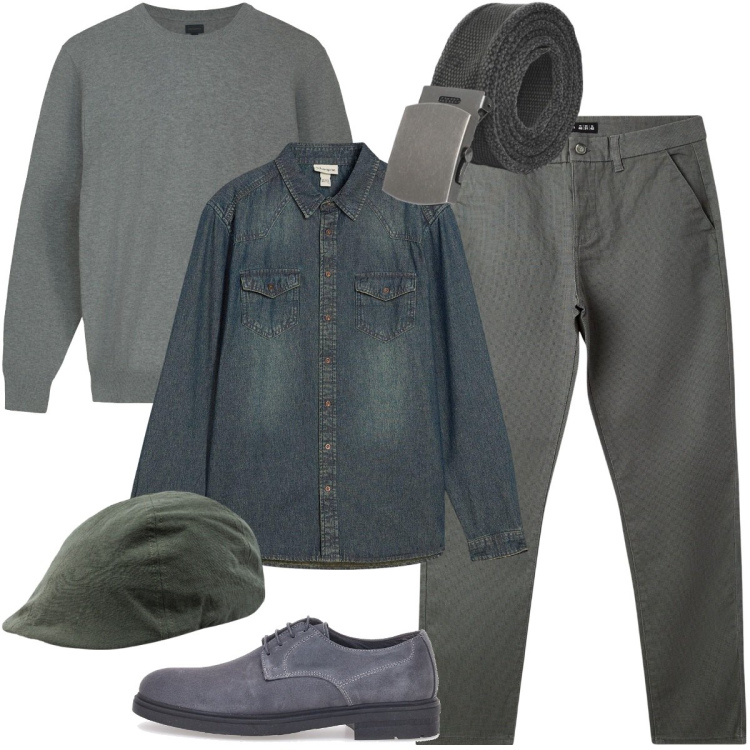 Outfit uomo - Grigio e denim. Stile Casual per Tutti i giorni. Abbinamento con camicie, pantaloni chino, cinture, cappelli con visiera, maglieria, scarpe stringate.