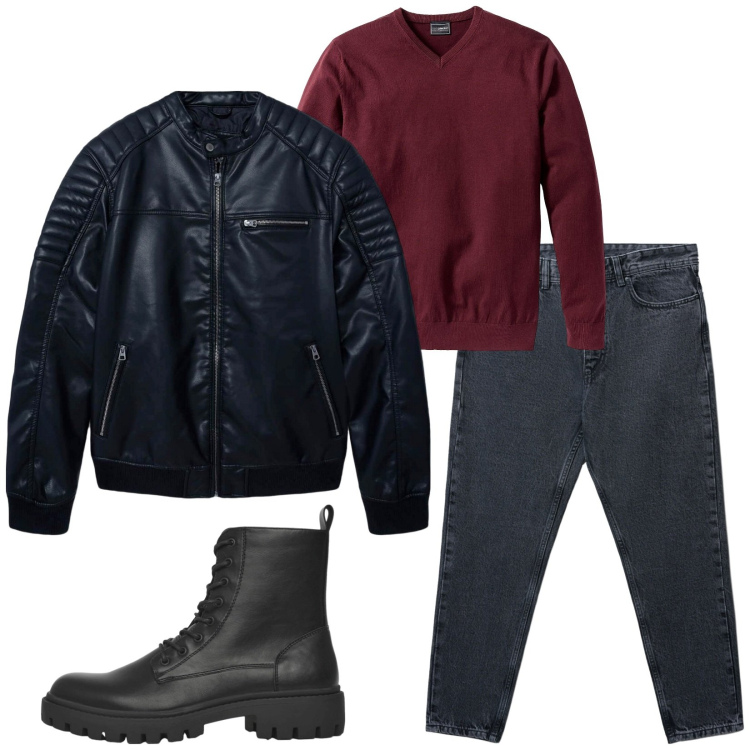 Outfit uomo - Total look #2255206. Stile Urban per Tutti i giorni. Abbinamento con maglieria, giacche, anfibi, jeans strappati.