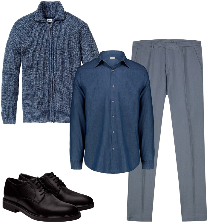 Outfit uomo - Fall. Stile Urban per Tutti i giorni. Abbinamento con cardigans, pantaloni, camicie, scarpe stringate.