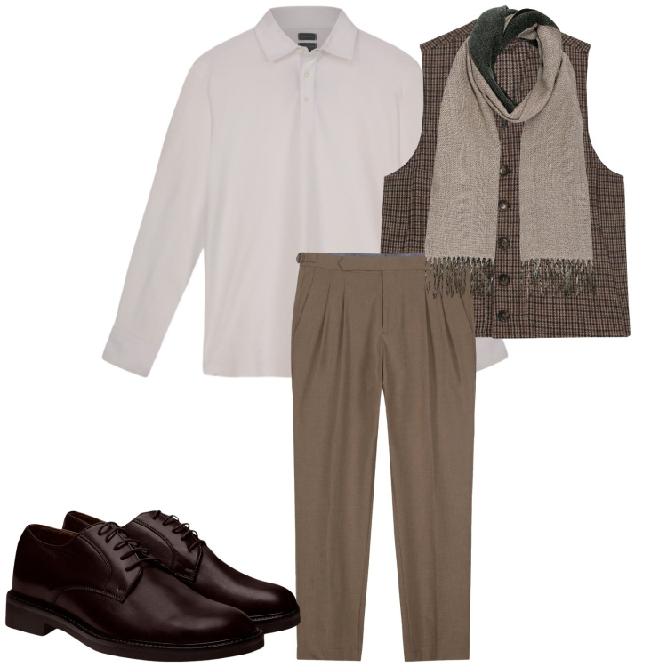 Outfit uomo - Total look #2255215. Stile Business/Elegante per Serata speciale. Abbinamento con pantaloni, scarpe stringate, polo, sciarpe, gilet.