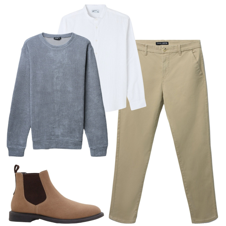Outfit uomo - City. Stile Urban per Tutti i giorni. Abbinamento con stivali e stivaletti, pantaloni chino, maglieria, camicie.