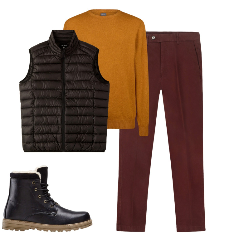 Outfit uomo - City. Stile Urban per Tutti i giorni. Abbinamento con stivali e stivaletti, piumini, maglieria, pantaloni chino.