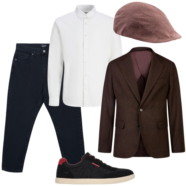 Outfit uomo - Eleganza e confort serata tra amici. Stile Trendy per Tutti i giorni. Abbinamento con camicie, jeans, giacche, scarpe stringate, cappelli con visiera.