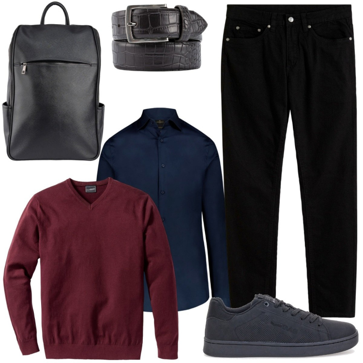 Outfit uomo - Casual di sera. Stile Casual per Ufficio. Abbinamento con maglieria, jeans slim fit, camicie, sneakers, borse sportive, cinture.
