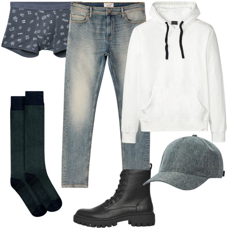Outfit uomo - A novembre. Stile Urban per Tutti i giorni. Abbinamento con felpe con cappuccio, cappelli, anfibi, jeans skinny, boxer, calzini.