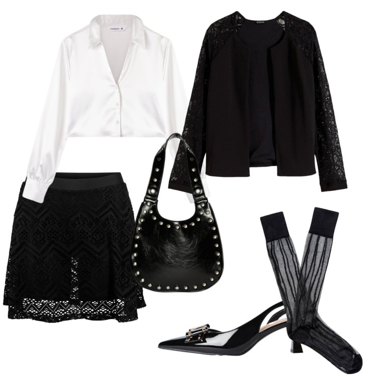 Outfit donna - Milano feschion week. per Serata fuori. Abbinamento con gonne, blazer, camicie, décolleté, calzini, borse a spalla.