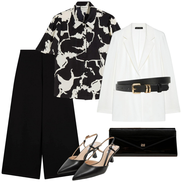 Outfit donna - Bianco e nero. per Ufficio. Abbinamento con bluse, cinture, pantaloni culotte, sabot, pochette, blazer.