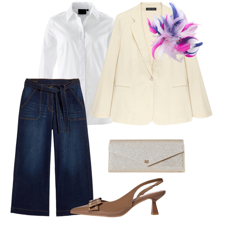 Outfit donna - Aperitivo. per Serata fuori. Abbinamento con jeans, camicie, décolleté, pochette, blazer, accessori per capelli.