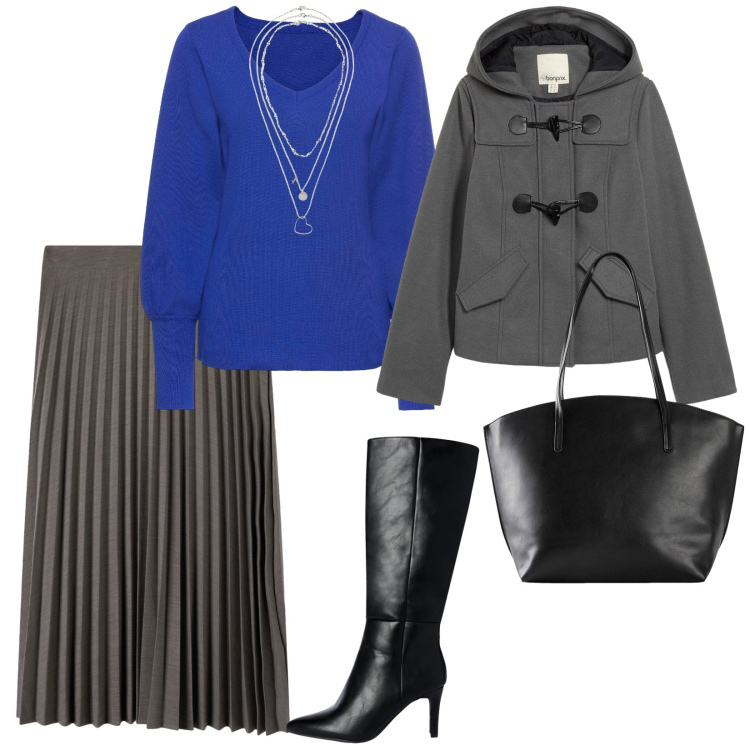 Outfit donna - Il montgomery corto. per Tutti i giorni. Abbinamento con maglieria, collane, shopping bag, montgomery, gonne lunghe, stivali sopra il ginocchio.