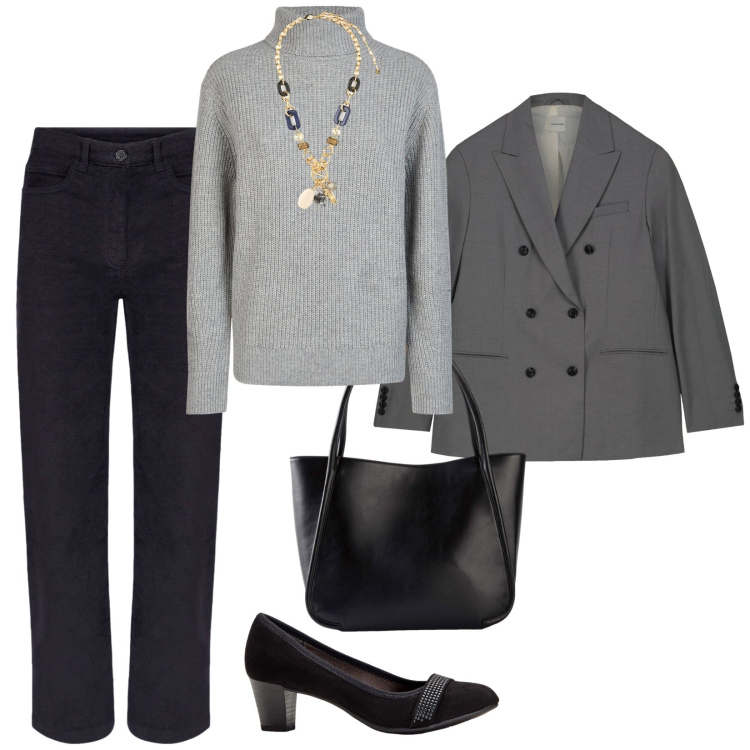 Outfit donna - Tonalità scure. per Tutti i giorni. Abbinamento con décolleté, shopping bag, blazer, pantaloni, maglieria, collane.
