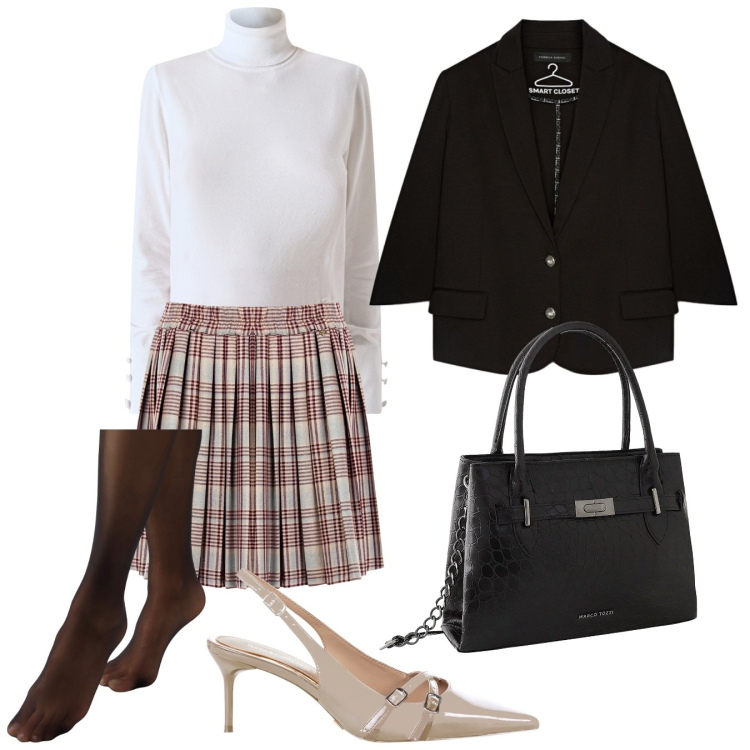 Outfit donna - Fine settembre. Stile Chic per Ufficio. Abbinamento con borse a mano, collant, décolleté, minigonne, maglieria, blazer.