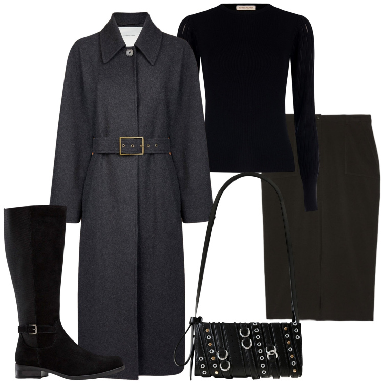 Outfit donna - Fall mid season Sale. Stile Casual chic per Ufficio. Abbinamento con stivali, borse a spalla, maglieria, gonne lunghe, cappotti.