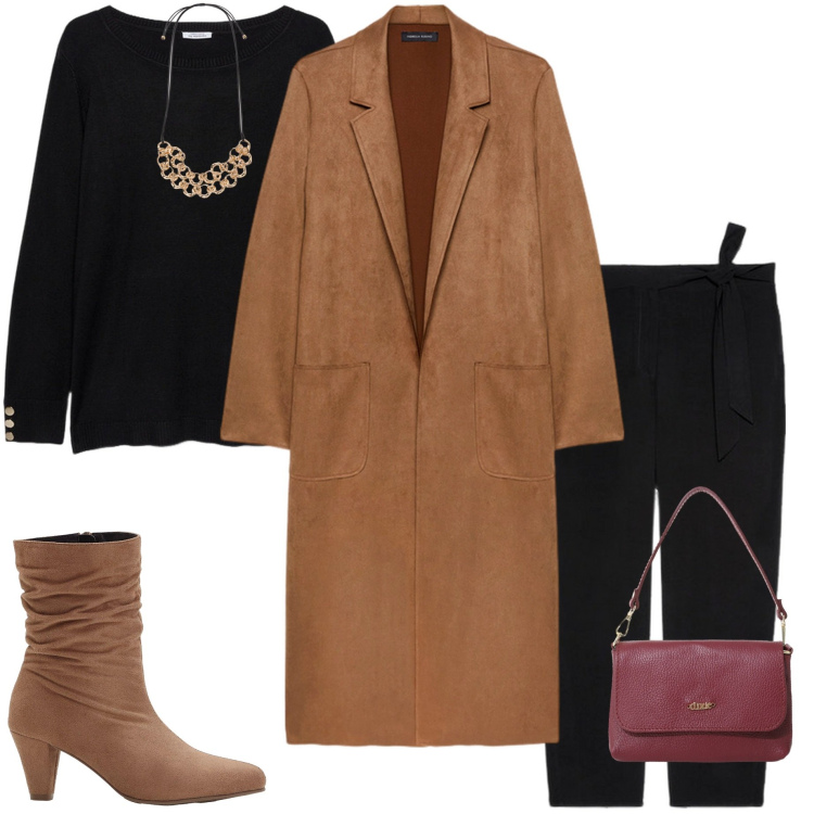 Outfit donna - Fall mid season Sale. Stile Sporty chic per Tutti i giorni. Abbinamento con stivaletti, borse a tracolla, trench, maglieria, pantaloni, collane.