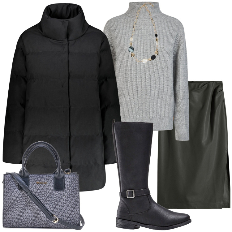 Outfit donna - Fall mid season Sale. Stile Urban per Ufficio. Abbinamento con stivali, gonne longuette, piumini, collane, maglieria, borse a tracolla.