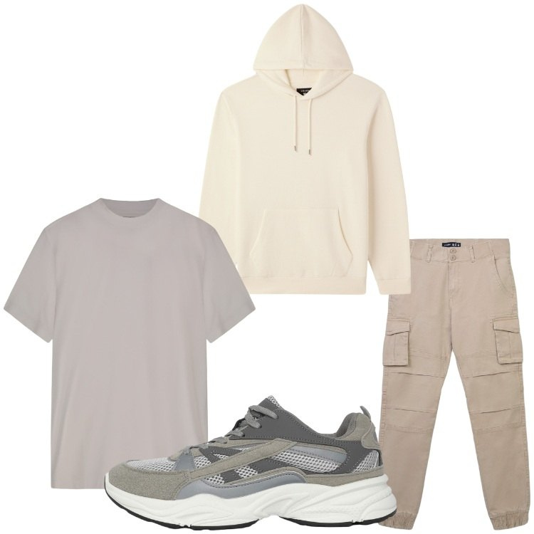 Outfit uomo - Basic. Stile Casual per Tutti i giorni. Abbinamento con sneakers, pantaloni cargo, felpe con cappuccio, t-shirt.