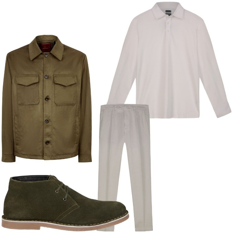 Outfit uomo - Chiaroscuro. Stile Casual per Tutti i giorni. Abbinamento con giacche, pantaloni, stivali e stivaletti, polo.