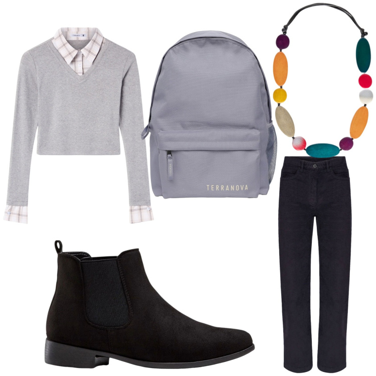 Outfit donna - In biblioteca all\'università. Stile Basic per Scuola/Università. Abbinamento con stivaletti chelsea, zaini, maglieria, pantaloni, collane.