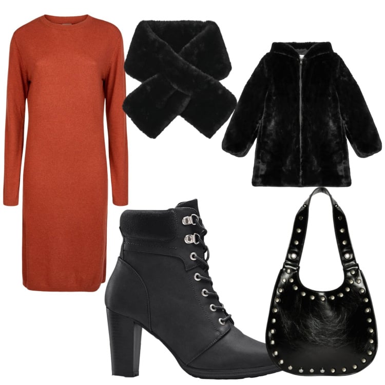 Outfit donna - I primi freddi in ecopelliccia. Stile Casual chic per Serata fuori. Abbinamento con stivaletti, sciarpe, cappotti, vestiti midi/longuette, borse a spalla.
