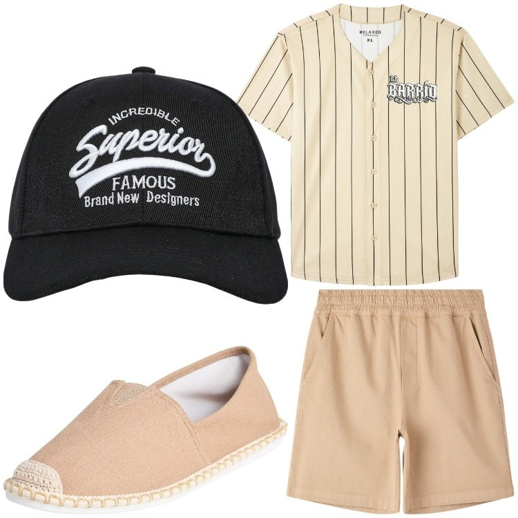 Outfit uomo - Baseball. Stile Casual per Sport. Abbinamento con espadrillas, t-shirt, cappelli con visiera, bermuda.