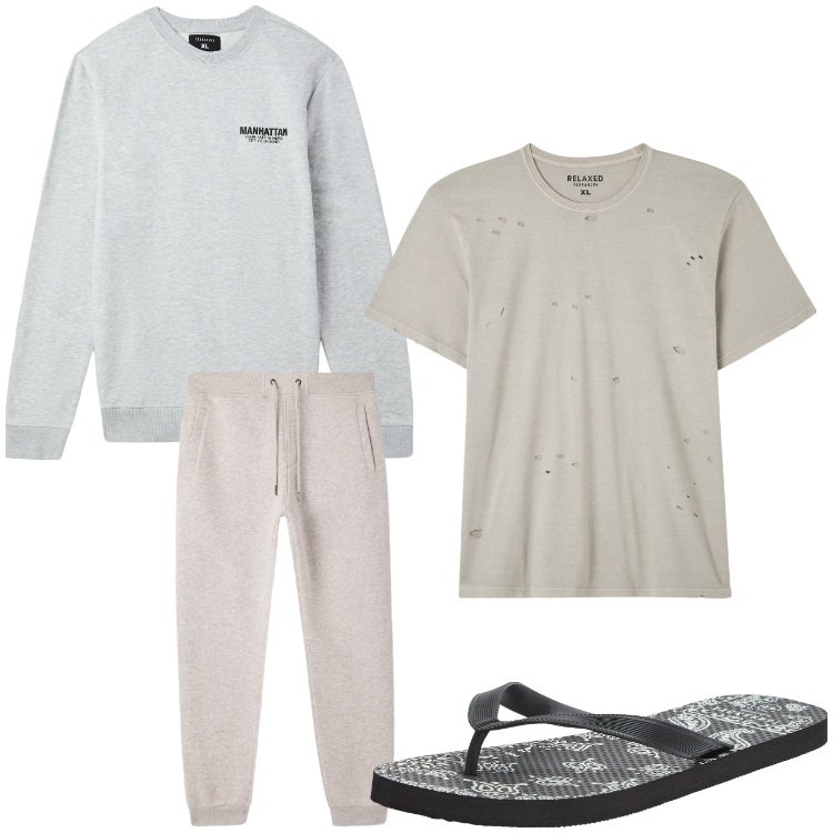Outfit uomo - Relax. Stile Casual per Tutti i giorni. Abbinamento con t-shirt, sandali, felpe, pantaloni.