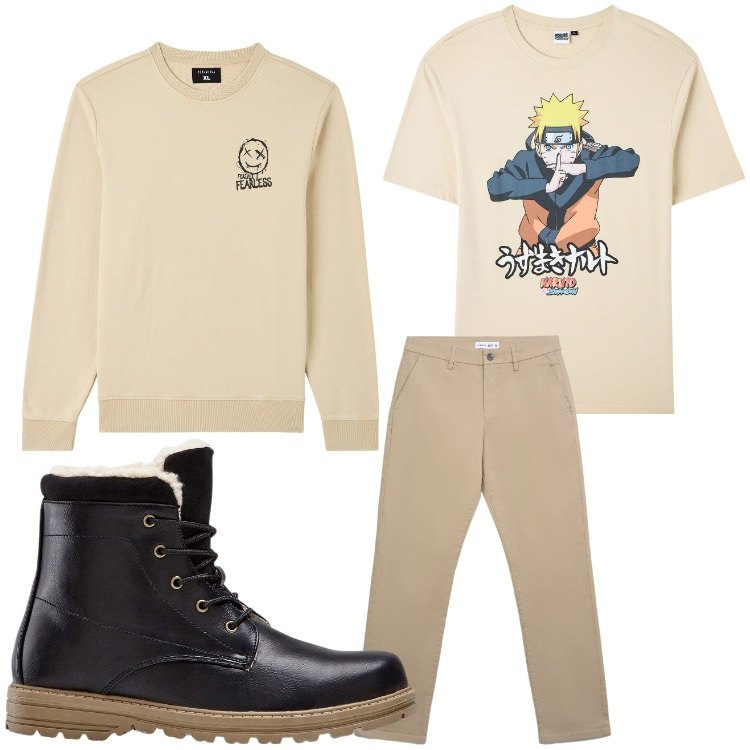 Outfit uomo - Cartoon. Stile Casual per Tutti i giorni. Abbinamento con stivali e stivaletti, felpe, t-shirt, pantaloni chino.
