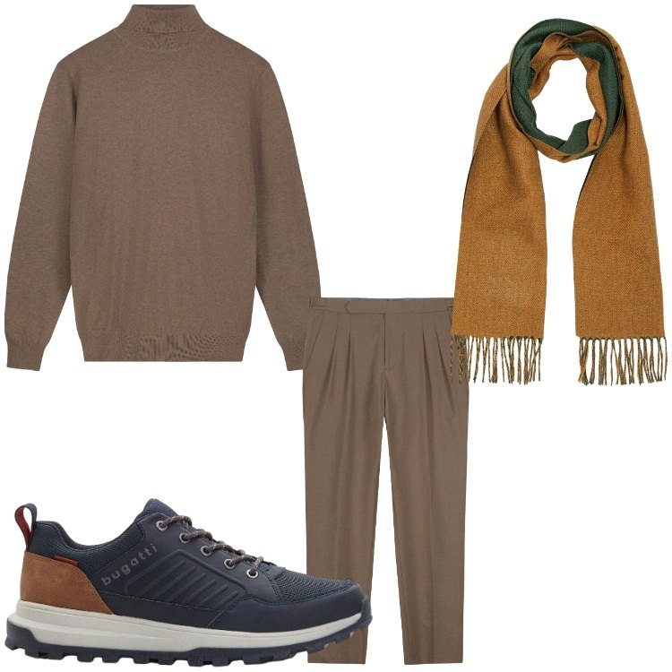 Outfit uomo - Autunno dorato. Stile Casual per Tutti i giorni. Abbinamento con sneakers, pantaloni, maglieria, sciarpe.