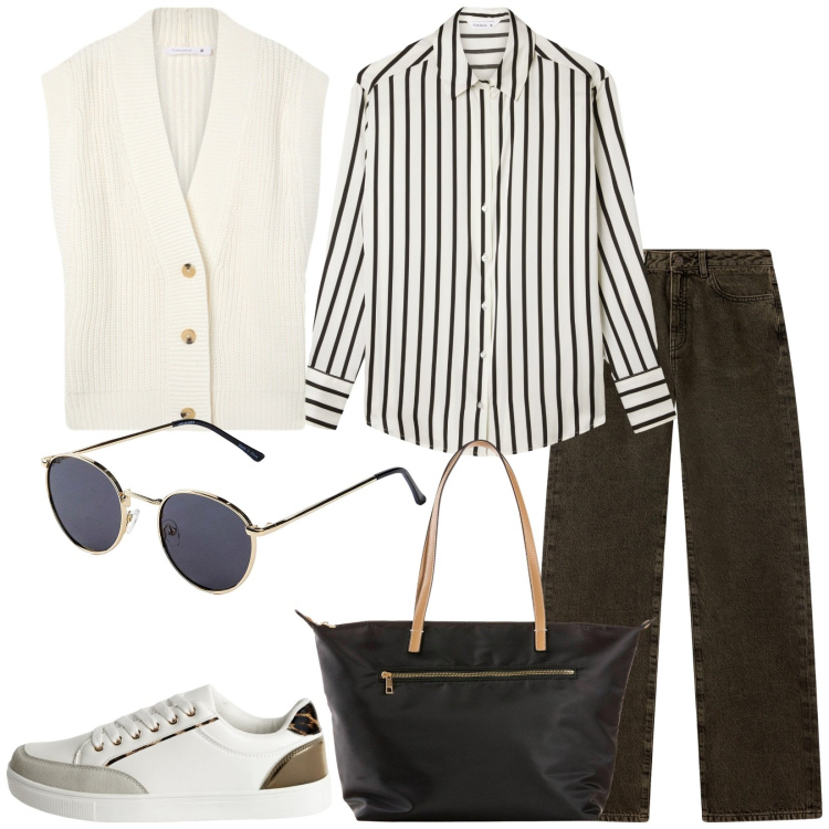 Outfit donna - Total look #2255283. Stile Casual per Tutti i giorni. Abbinamento con occhiali da sole, shopping bag, jeans dritti, sneakers, camicie, gilet.