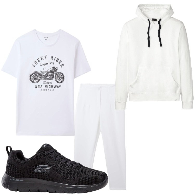 Outfit uomo - White rider. Stile Casual per Tutti i giorni. Abbinamento con sneakers, felpe con cappuccio, pantaloni chino, t-shirt.