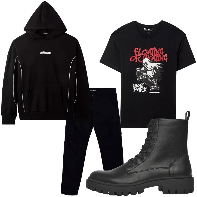 Outfit uomo - Brividi. Stile Casual per Tutti i giorni. Abbinamento con pantaloni cargo, anfibi, t-shirt, felpe con cappuccio.